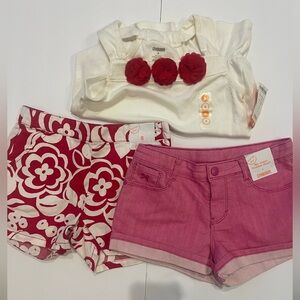 3 Pc GYMBOREE White Ruffled Tank with Red Floral Shorts Set and pink shorts